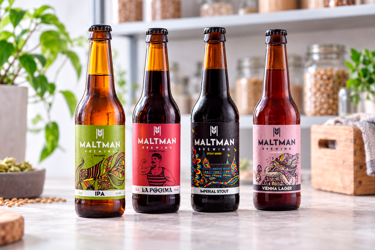 Botellas de cerveza artesana Maltman conservadas en posición vertical junto a una copa de cerveza.